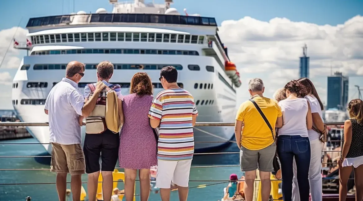 At the harbor pier, a family prepares to board a cruise ship for vacation